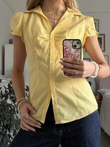 Women Y2k Coquette Button Down Shirt Cute Preppy Cap Sleeve V Neck Slim Fit Slim Fit Ruched T Shirt Polo V Neck Summer Crop Top Casual 90s Vintage Blouse Fairy Grunge Aesthetic Clothes Streetwear - 黃色 - 查看 2