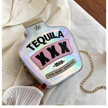 Fashionable And Interesting Women's Sparkling Bag Crossbody Bag, Tequila Bottle Shaped Handbag Elegant Handbag, Creative And Personalized Shoulder Bag For Girls - HOLO-sILVER - View 3