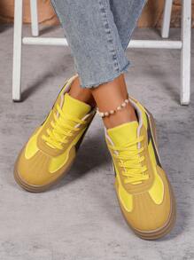 Women's Casual Shoes Thick Sole Color Block Round Toe Yellow Wedge Platform Sneakers