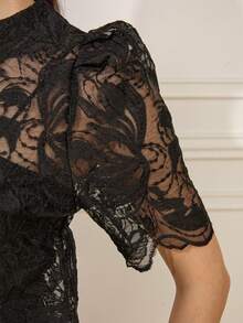 Women's Spring/Summer Elegant Lace Blouse, Random Floral Pattern (No Lining, Random Non-Positioned Wavy Hem) - Black - View 5