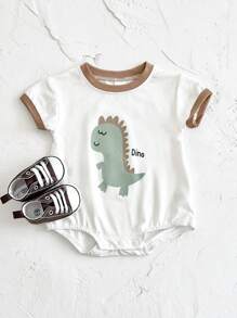 Newborn Baby Boy/Girl Cute Cartoon Dinosaur & Letter Print Short Sleeve Button-Up Romper, Summer