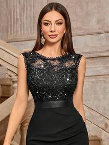 MIUSOL 经典亮片花卉蕾丝圆领无袖鸡尾酒会修身连衣裙，优雅女士连衣裙