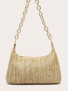 Women's Underarm Shoulder Bag, Square Metal Chain Bag, Large Capacity, Lightweight, Casual & Fashionable Beach Vacation Style, Suitable For Shopping And Vacation - Khaki - View 2