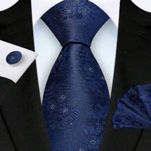 3 Piece Set: 8cm Floral & Patterned Necktie, Handkerchief, And Cufflinks Men's Necktie Set, High Quality Classic Business & Casual Tie Set, Men's Wedding Accessories, Family, Christmas, Party Gift