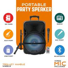 Audiobox ABX-12S 12-Inch Portable PA Speaker With Stand - Wireless Bluetooth, USB, FM Radio, AUX Input, Multi-Color LED Lights, High-Power 3000 Watts, Includes Microphone & Remote - Ideal For Parties, Events, And Outdoor Entertainment - 黑色 - 查看 1