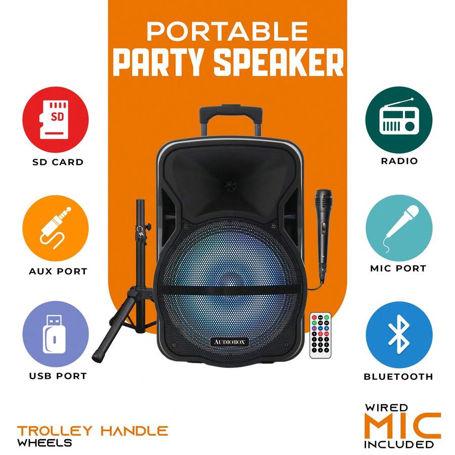 Audiobox ABX-12S 12-Inch Portable PA Speaker With Stand - Wireless Bluetooth, USB, FM Radio, AUX Input, Multi-Color LED Lights, High-Power 3000 Watts, Includes Microphone & Remote - Ideal For Parties, Events, And Outdoor Entertainment - 黑色 - 查看 1