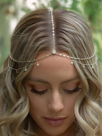 1 件银色简约流苏和水钻吊坠新娘头饰，适合节日和婚礼的珠宝头饰