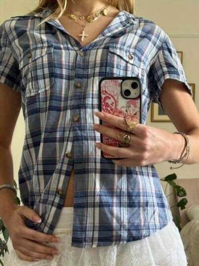 Womens Plaid Print Shirts Casual Short Sleeve Button Down Loose Fit Tops Blouses
