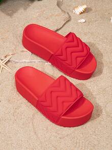 Wide Fit New Summer Women's Casual Fashion Thick-Soled Wedge Heel Red Wave Patterned Outdoor Beach Comfortable Sandals - Red - View 4
