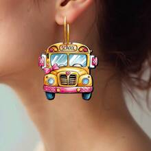 Pendientes de madera sencillos con forma de autobús escolar, prácticos y multifuncionales