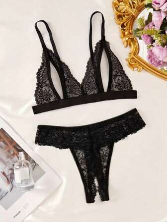 2pcs Floral Lace Lingerie Set, Open Cup Triangle Bra And Open Crotch Thong, Sexy Women's Sleepwear Set, Sexy Ladies Underwear, Women's Panties, Sexy Ladies Pajamas Set, Sexy Ladies Apparel, Sexy Lingerie Set, Women's Underwear Set, Women's Suit