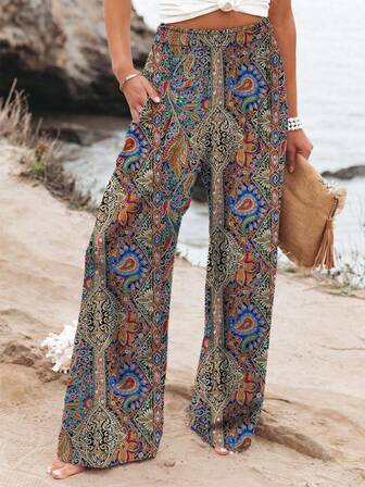 Women's Flowy Pants Summer Collection , Fashion Print Boho Trousers With Elastic Waist & Drawstring, Tropical Jungle Print Wide Leg Beach Pants For Vacations, Lightweight Breathable Casual #BohoChic #ResortWear