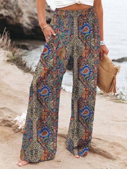 Pantalon évasé fluide pour femmes, pantalon de plage style bohème à imprimé jungle tropicale, taille élastique avec cordon de serrage, léger et respirant, décontracté et polyvalent, convient pour les vacances