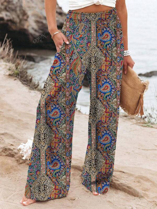 Pantalon fluide pour femme, collection d'été - Pantalon bohème à imprimé mode avec taille élastique et cordon de serrage, pantalon de plage à jambes larges avec imprimé jungle tropicale pour vacances, tenue décontractée légère et respirante #StyleBohème #VêtementsDeVacances