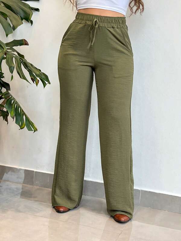 Calça Pantalona Feminina Cintura Alta Wid Leg Não Transparente Bolsos