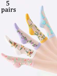 5 Pairs Women's Breathable Hollow Bowknot Short Socks, Comfortable For Spring And Summer, Suitable For Mother's Day Gift - Black - View 1
