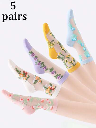 5/10 pares (mezcla aleatoria) Calcetines de media pantorrilla de seda de vidrio transpirables y cómodos con estampado jacquard floral dulce y patchwork colorido para mujer, adecuados para uso diario en primavera/verano