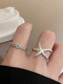 Set de 2 anillos ajustables con diseño minimalista de ola y estrella de mar, para mujeres, de uso fashionable y versátil para verano, viajes y uso diario - Juego de anillos - Ver 7