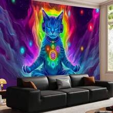 1 pièce Tapisserie murale imprimée avec un style de méditation mandala lumineux, un cosmos planétaire et un chat, en matériau polyester moderne. Décoration murale pour chambre, salon, bureau. Facile à installer.