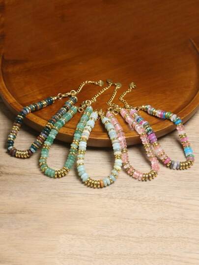 Bracelet boho pour femmes | Bracelet perles de pierres naturelles réglable extensible | Chaîne en acier inoxydable et bijoux bohème tissé à la main | Bracelet d'amitié perle de pierre | Accessoire boho chic réglable pour femmes | Bracelet de cheville ou poignet extensible en cristal guérissant