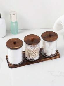 3 Pieces Clean Swab Rack With Tray, Designed Specifically For Organizing And Storing Bathroom Items. These Transparent Plastic Jars With Wooden Lids Are Perfect For Storing Balls, Clean Swabs, And Dental Floss. Bathroom Accessories Bathroom Organizer Back To School Storage