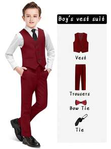 Red Young Boys Suits, 2 Pieces Suit, Vest, Pants, Tie, Bowknot - Burgundy - View 1