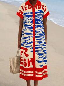 Vestido casual de primavera/verano para mujer, vestido camisa de estampado floral romántico y patchwork, adecuado para vacaciones en la playa