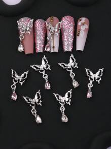 10 pezzi di decorazioni a forma di farfalla 3D, pendenti a goccia d'acqua, accessori per unghie, gioielli in lega 3D di colore argento e rosa, adatti per decorazione fai-da-te delle unghie