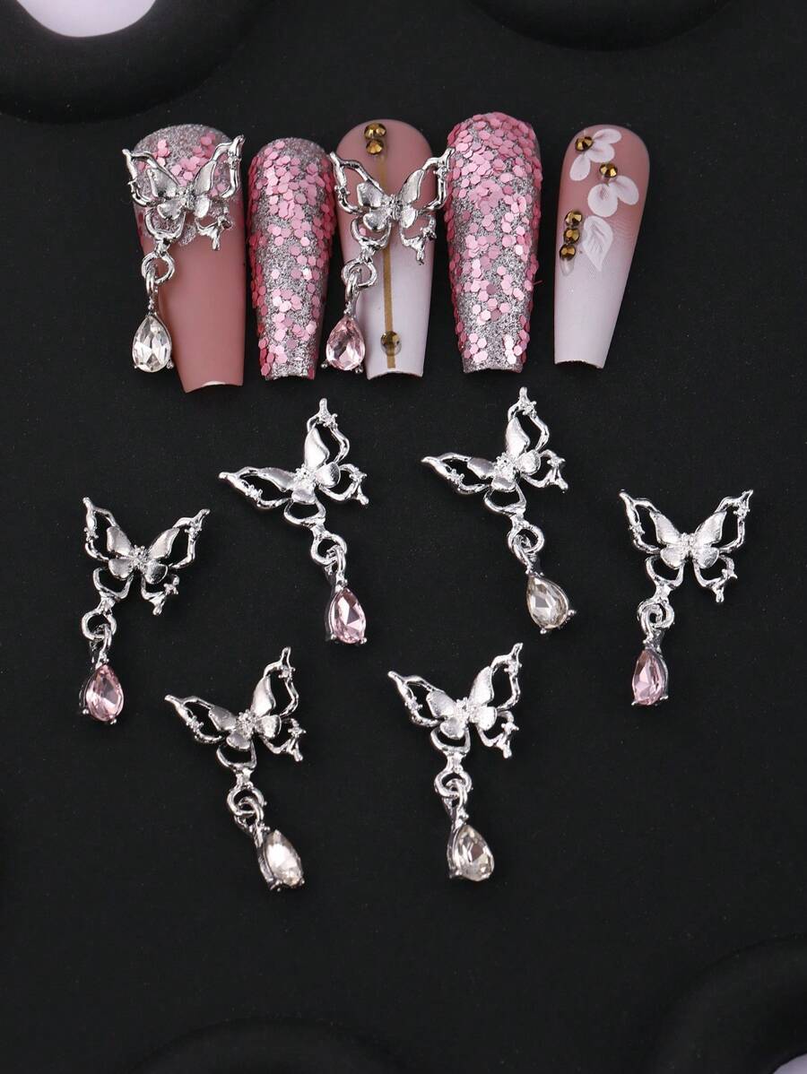 10 pezzi di decorazioni a forma di farfalla 3D, pendenti a goccia d'acqua, accessori per unghie, gioielli in lega 3D di colore argento e rosa, adatti per decorazione fai-da-te delle unghie
