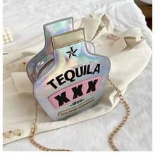 Fashionable And Interesting Women's Sparkling Bag Crossbody Bag, Tequila Bottle Shaped Handbag Elegant Handbag, Creative And Personalized Shoulder Bag For Girls - HOLO-sILVER - View 2