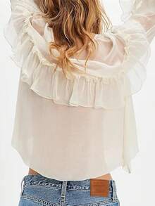 Womens Flowy Bow Front Tie Top Long Sleeve Peplum Lace Trim Chiffon Shirt Sheer V Neck Boho Ruffle Beach Blouse - 白色 - 查看 5