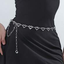 1pc Fashionable Heart Crystal Decorated Woven Metal Waist Chain Belt, Suitable For Women In Summer - Silver - View 1