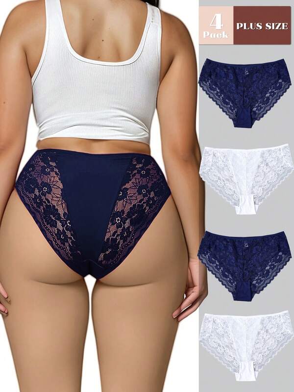 4 peças Plus Size Semi-Sheer Lace Sexy Moda Calcinha Para Mulheres
