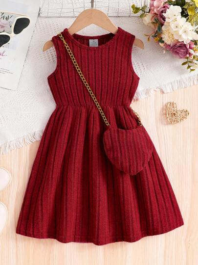 Lovely Sweet Girls Casual Summer Dress, Young Girl Solid Ribbed Knit Sleeveless Princess Style Dress With Matching Heart Crossbody Bag, Versatile Fashionable Outdoor Everyday Spring/Summer Outfit, Comfortable Soft Girl's Youth Vibrant Summer Clothing