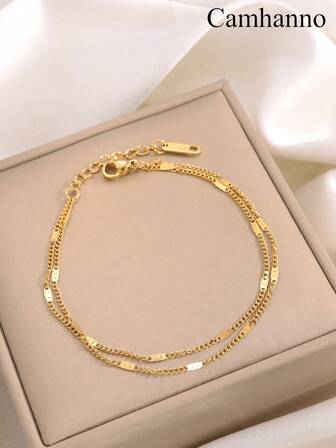 Camhanno 1 stycke enkel, fashionabel och mångsidig dubbelkedjekedja i rostfritt stål, pärlkedja, platt ormkedjearmband är lämpligt för dagligt bruk, semesterflickvän
