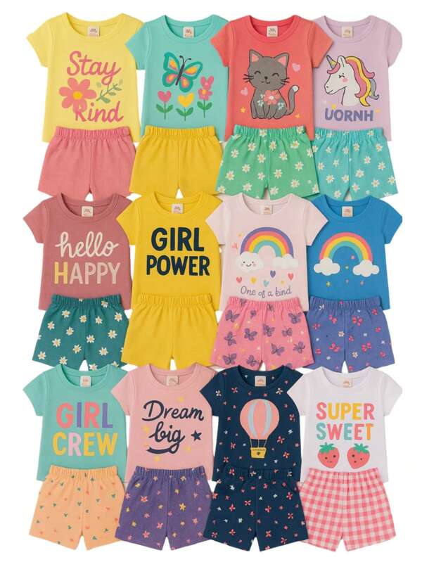 Kit 6 Peças Menina Verão Sortidas Infantil - 3 Blusas + 3 Shorts 1 ao 14
