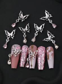 10 pezzi di decorazioni a forma di farfalla 3D, pendenti a goccia d'acqua, accessori per unghie, gioielli in lega 3D di colore argento e rosa, adatti per decorazione fai-da-te delle unghie