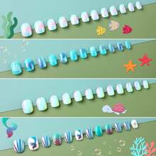 JANYUN 96 Pcs Kids False Nails - Press On, Full Cover, Short Nails In Blue Theme For Little Girls' Nail Art Decoration