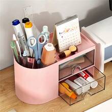 1 件迷你 2 抽屉桌面收纳盒，适用于文具和化妆品 - 带笔架的多功能收纳盒，紧凑节省空间的设计 - 返校用品、宿舍和办公桌必需品 - 彩色 - 查看 2
