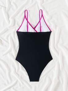 Traje de baño de una pieza sexy para vacaciones de verano con escote en V, volantes y calado en contraste de colores para mujeres - Rosa Fucsia - Ver 5