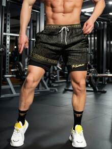 Men's Double Layer Printed Casual Sports Shorts - Black - View 2