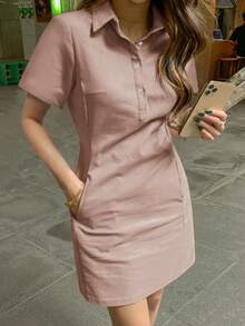 Spring/Summer New Fashionable Minimalist Elegant Lapel Single-Breasted Fitted Short Dress Casual - Dusty Pink - View 6