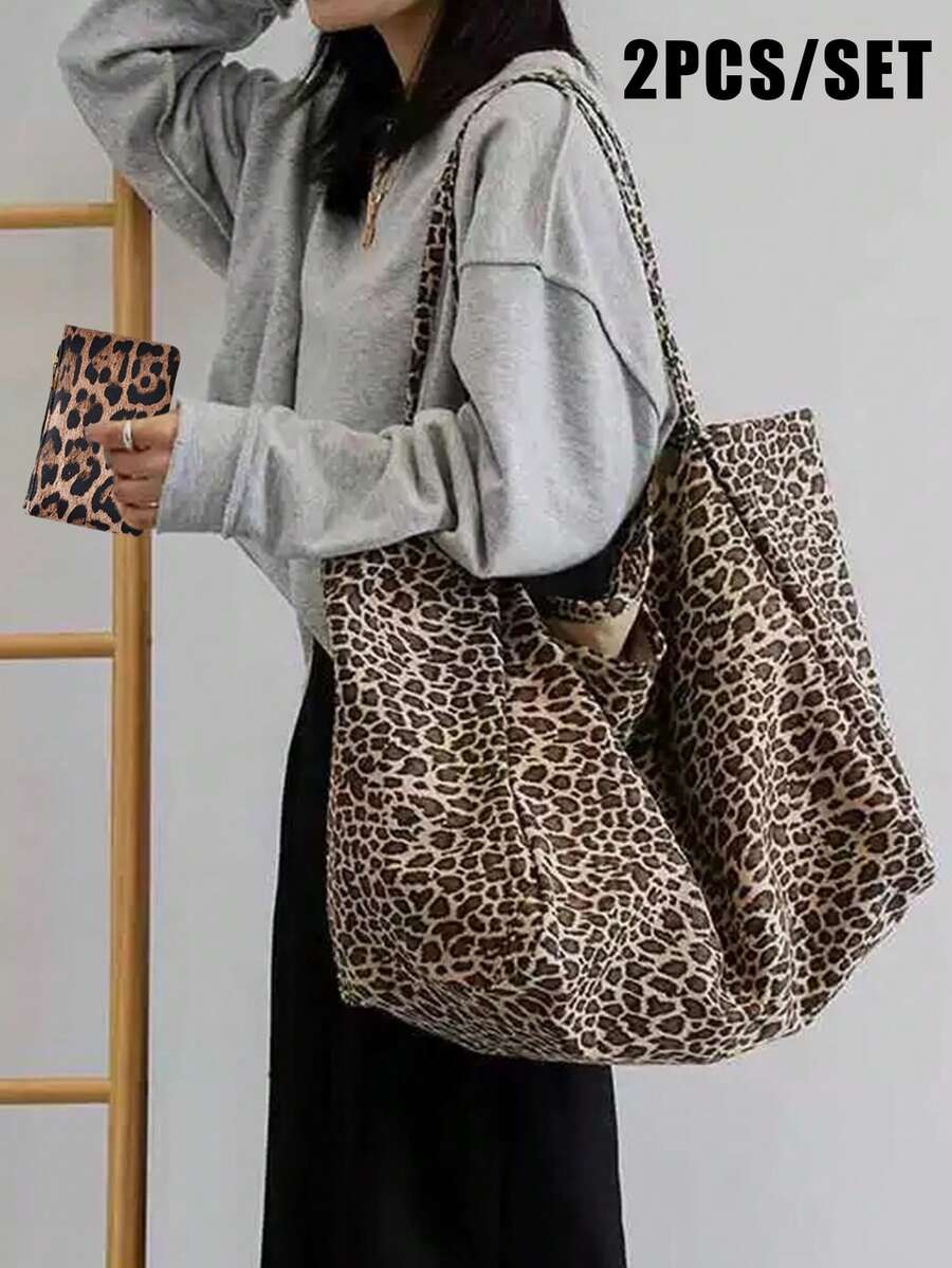 Big Stylish Leopard Print Tote Bag Paired With Leopard Print Wallet And Coin Purse,Large Capacity Shoulder Bag,Perfect Underarm Bag For Commuting,School Bag,Large Capacity,Portable,Elegant Coin Wallet, Card Bag, Simple Zipper Coin Bag,For Teen Girls Women College Students,White-Collar Workers,Perfect For Work,Back To School,Middle School,High School,College,Vacation,Mother's Day Gifts, Birthday Gifts, Back To School Gifts - Multicolor - View 1
