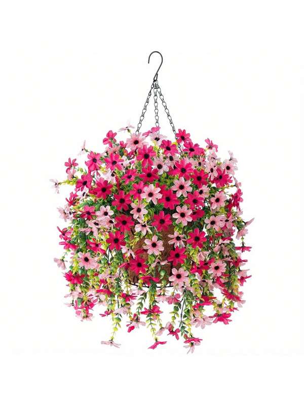2 Stücke künstliche hängende Gänseblümchen - leuchtend rosa und pfirsichfarbene Outdoor-Frühlings-/Sommer-Dekoration, UV-beständige Kunststoffkörbe mit künstlichen Blumen, geeignet für Zuhause, Garten, Hochzeit oder Landhausstil, künstliche Outdoor-Blumen