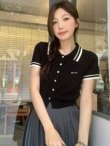French Summer Designed Polo Collar Knitted Short Sleeve T-Shirt, Cardigan Style Thin Top For Women - Black - View 3