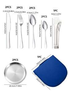 12件套不锈钢便携式餐具套装，学生餐具套装，包括叉子、勺子、茶匙、食物夹、盘子，配红/黑/蓝三色半圆形收纳袋，非常适合户外活动、野餐、烧烤。