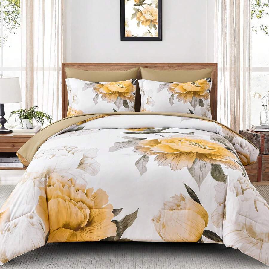 7 Piece Yellow Queen King Size Comforter Set  Bed In A Bag, Floral Printed On Yellow Comforter Set With Sheets, Soft Microfiber Complete Bedding Set ,Wedding Items,Valentines Day Home Bed Room Decor,Easter Ramadan Gifts,All Season - Yellow - View 1