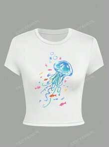 Casual Blue Jellyfish Print White Round Neck Short Sleeve T-Shirt, Slim Fit For Women, Summer Holiday