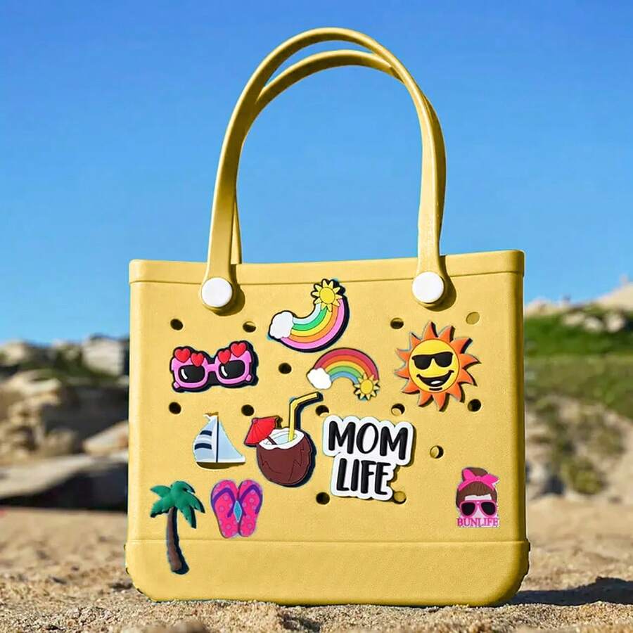 Summer New EVA Beach Bag, Rubber Tote Bag, Waterproof Washable Tip Proof Durable Open Tote Bag, Super Large Capacity Suitable For Shopping, Grocery Shopping, Travel, Parties, Outdoor Activities, Beach Seaside - Màu vàng - Xem 1