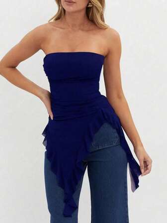 1 szt. Damski jednokolorowy dopasowany top typu bandeau bez ramiączek z siateczki